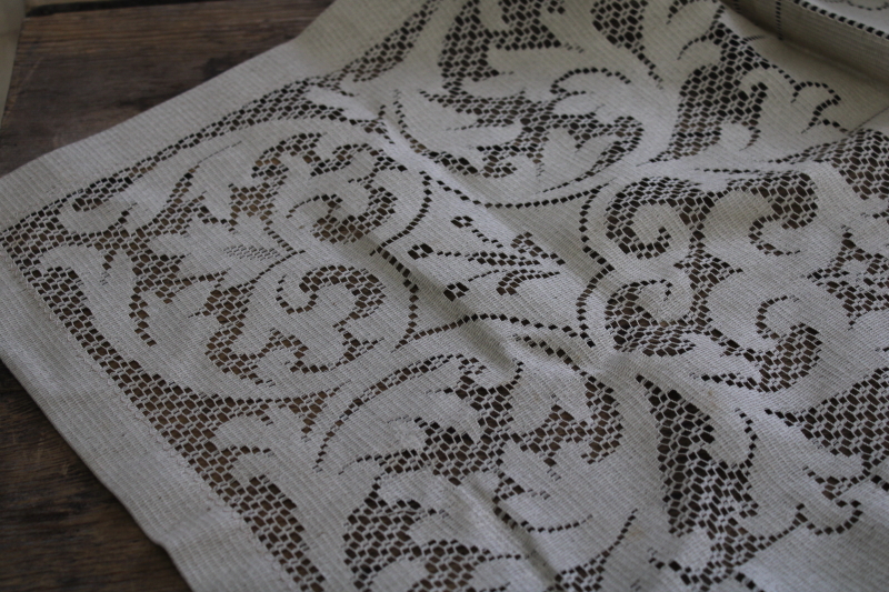 French country style vintage lace tablecloth, rustic natural flax colored cotton lace