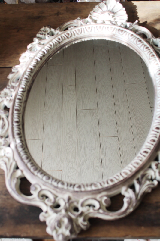 French country style vintage mirror, distressed white wax look ornate plastic frame 
