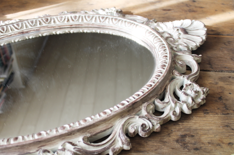 French country style vintage mirror, distressed white wax look ornate plastic frame 