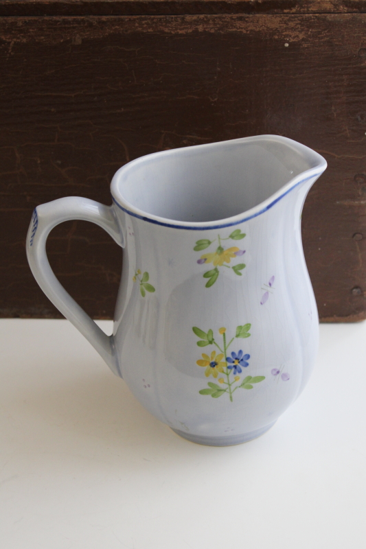 French country vintage hand painted pottery pitcher, Longchamp Printemps spring floral on blue