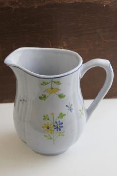 French country vintage hand painted pottery pitcher, Longchamp Printemps spring floral on blue
