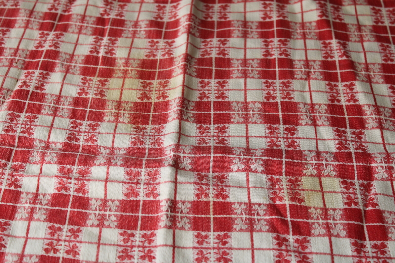 French country vintage jacquard tablecloth, red  white checked cotton cloth farmhouse table