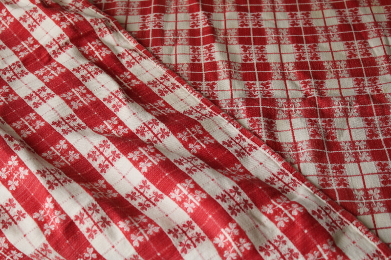 French country vintage jacquard tablecloth, red  white checked cotton cloth farmhouse table