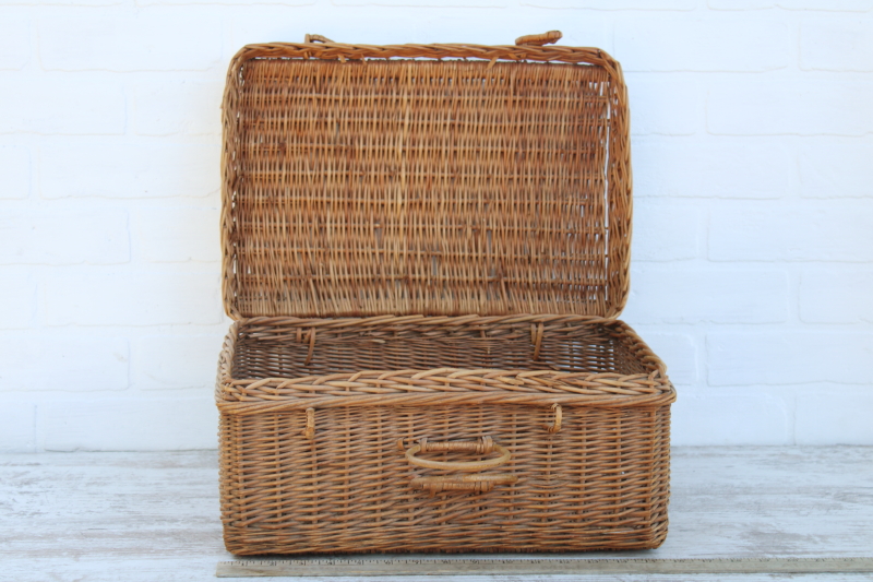 French country vintage rustic natural wicker picnic hamper, suitcase style storage basket