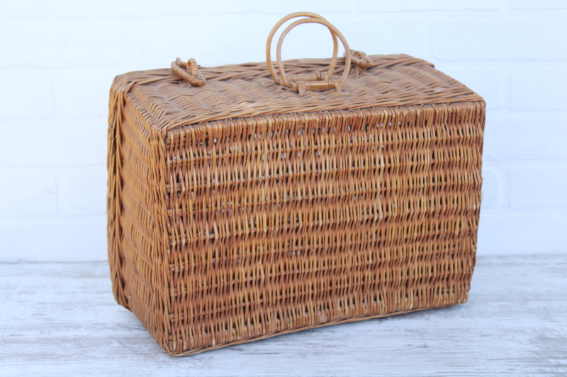 French country vintage rustic natural wicker picnic hamper, suitcase style storage basket