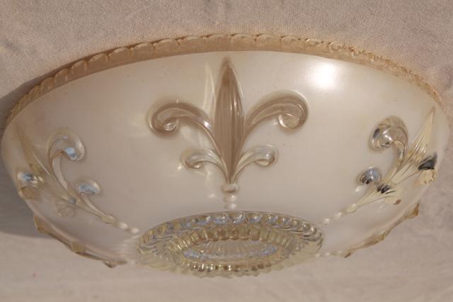 French fleur de lis pattern glass shade, vintage pressed glass lampshade for antique electric light