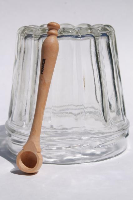 French glass jelly mold jar & tiny wood spoon, wooden spoon marked France
