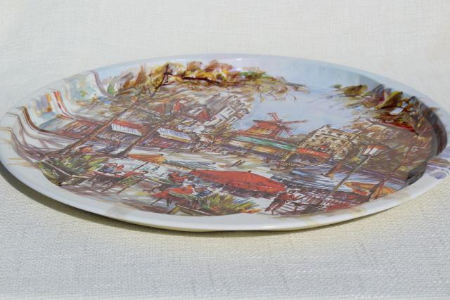 French street scene vintage round tin table top serving tray, Daher Decorated Ware