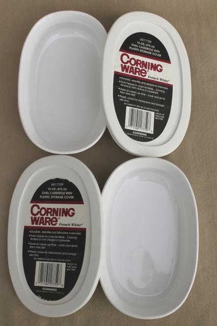 French white Corning Ware oval gratin individual casseroles w/ snap on plastic lids