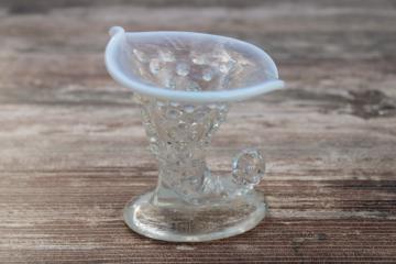French white opalescent hobnail glass, vintage Fenton horn shape mini vase or toothpick holder