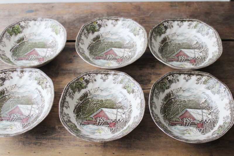 Friendly Village Johnson Bros china set of 6 Covered Bridge cereal bowls vintage England 