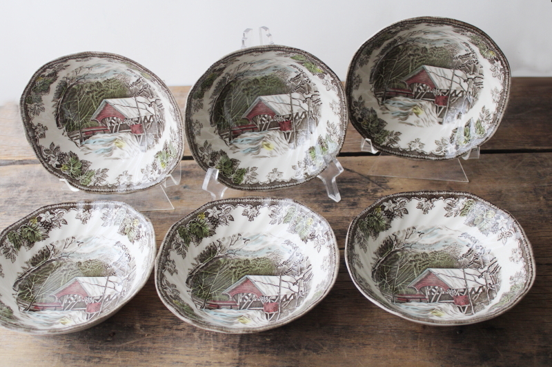 Friendly Village Johnson Bros china set of 6 Covered Bridge cereal bowls vintage England 