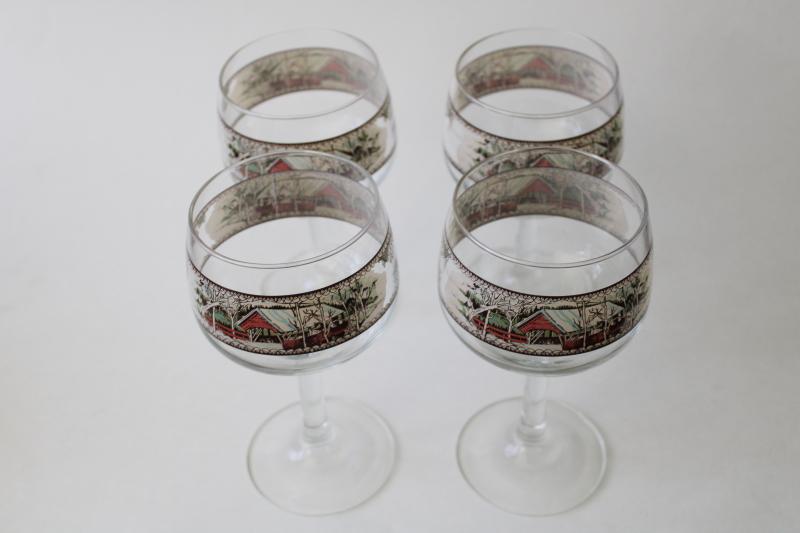 Friendly Village glass goblets, water or wine glasses w/ covered bridge print