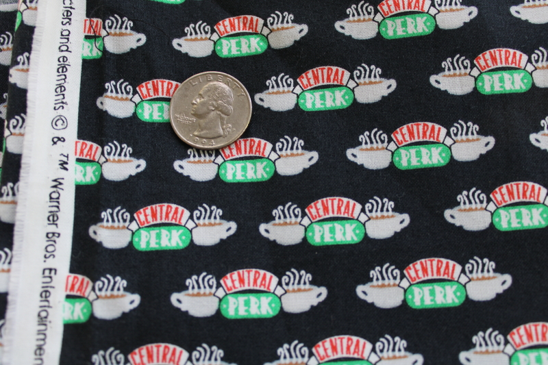 Friends Central Perk print cotton fabric coffee logo on black, fabric remnants lot
