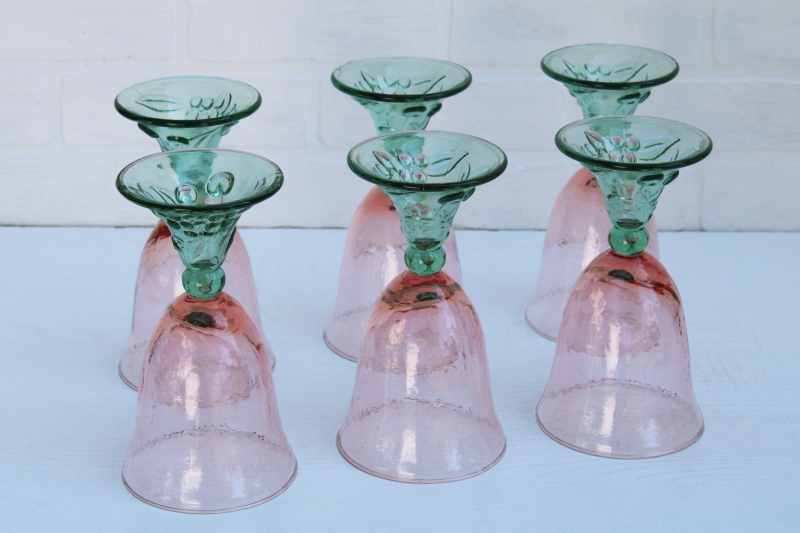 Garden Party Pfaltzgraff pink and green glass water goblets or wine glasses, big chunky stemware Mexican glass