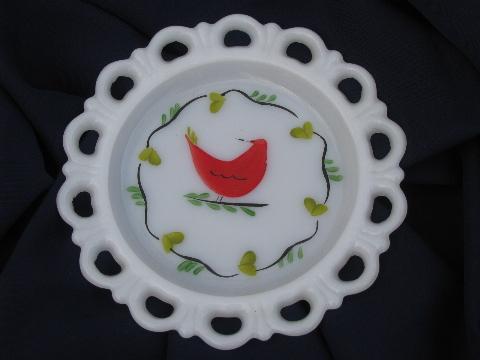 Gay Fad hand-painted milk glass plates, red bird distlefink, roses