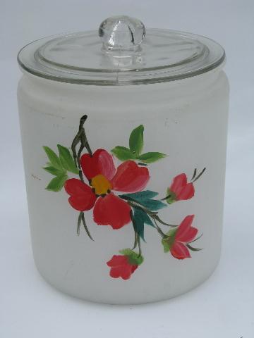Gay Fad hand-painted vintage glass kitchen canister jars, red flowers