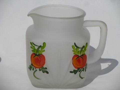 Gay Fad vintage hand-painted tomato juice pitcher, frosted satin glass