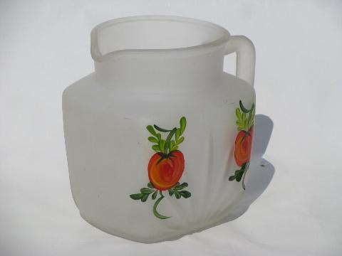 Gay Fad vintage hand-painted tomato juice pitcher, frosted satin glass