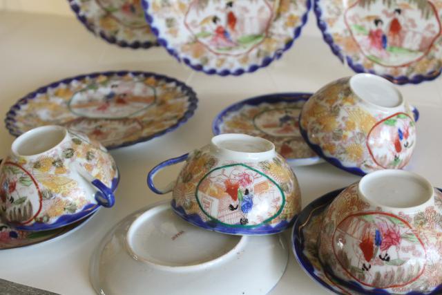 Geisha girl hand painted porcelain tea cups saucers plates set vintage Japan