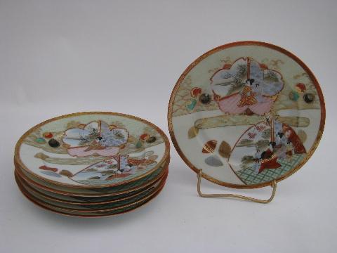 Geisha girl pattern china, vintage hand-painted Japan - six salad plates