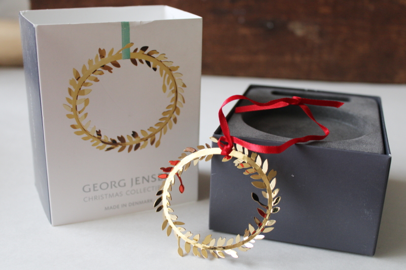 Georg Jensen Denmark Christmas ornament in box, gold laurel wreath or crown