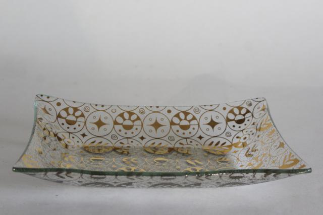 Georges Briard Forbidden Fruit gold print formed glass dish, mid-century mod vintage