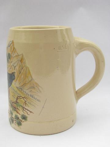 German stoneware pottery beer stein w/ grouse, marked West Germany