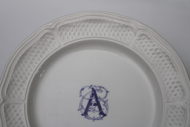 Gien France Pont aux choux cream color plate w/ A monogram letter in blue, new never used