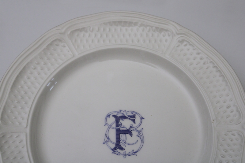 Gien France Pont aux choux cream color plate w/ F monogram letter in blue, new never used