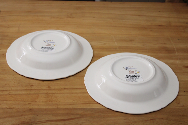 Gien France Toscana pattern soup plates, lot of two large wide rim bowls new w/ labels