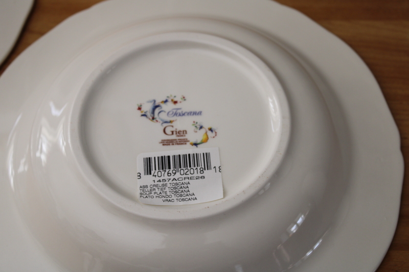 Gien France Toscana pattern soup plates, lot of two large wide rim bowls new w/ labels