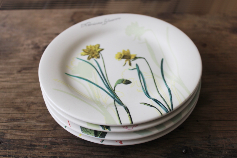 Gien France ceramic plates w/ herbal botanical illustrations, flowering bulbs  