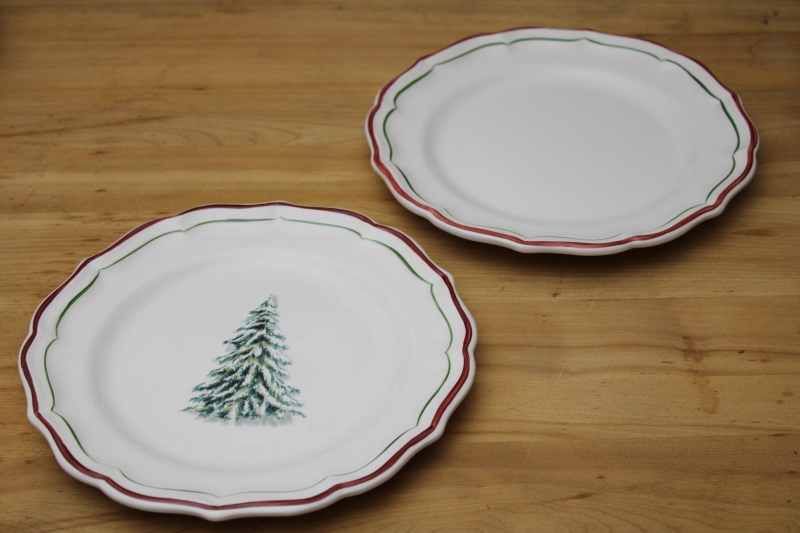 Gien France ceramic plates, new with labels Christmas tree red border Filets Noel holiday dishes