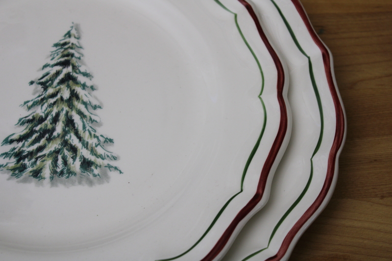 Gien France ceramic plates, new with labels Christmas tree red border Filets Noel holiday dishes