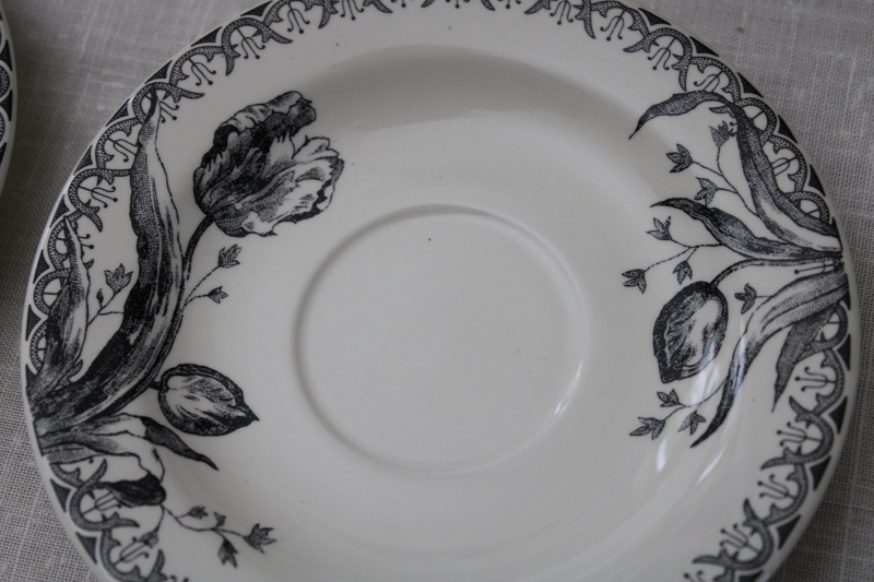 Gien France tulip print transferware saucer plates, monochrome black on white floral neutral decor