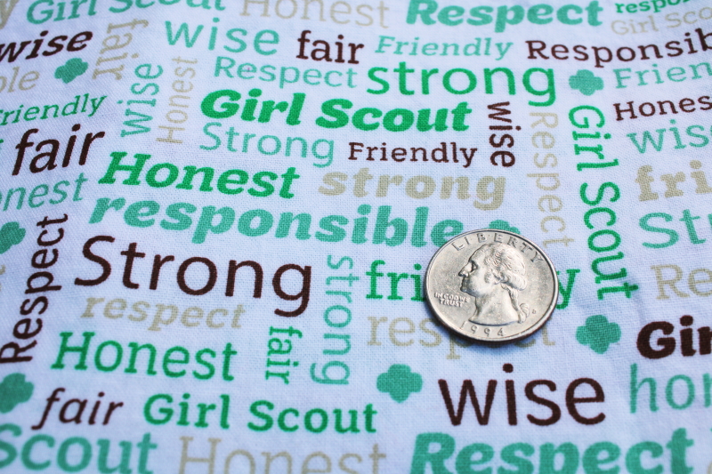 Girl Scout words to live by cotton print fabric w/ GS emblem, sewing craft material