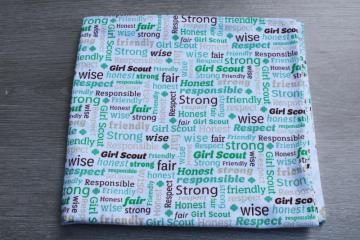 Girl Scout words to live by cotton print fabric w/ GS emblem, sewing craft material