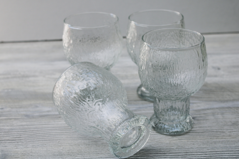 Glacier ice texture crystal clear Indiana glass water goblet drinking glasses, mod vintage