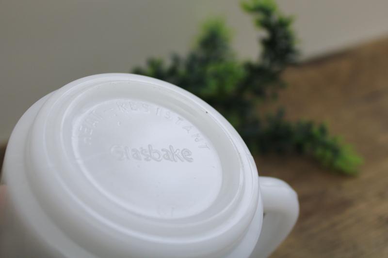 Glasbake milk glass mug w/ herbs pattern, vintage coffee cup green & white
