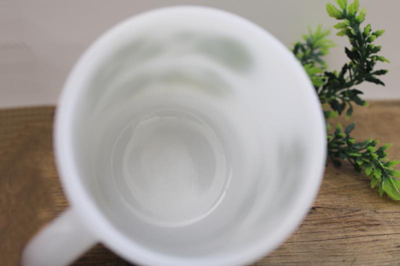 Glasbake milk glass mug w/ herbs pattern, vintage coffee cup green & white