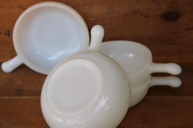Glasbake vintage milk glass bowls, lug handle onion soup or chowder bowl set of 4