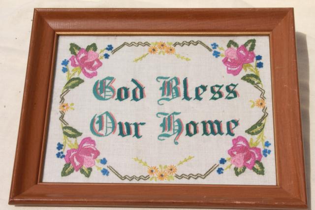God Bless Our Home crewel work embroidered motto, framed vintage embroidery 