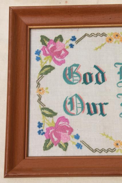 God Bless Our Home crewel work embroidered motto, framed vintage embroidery 