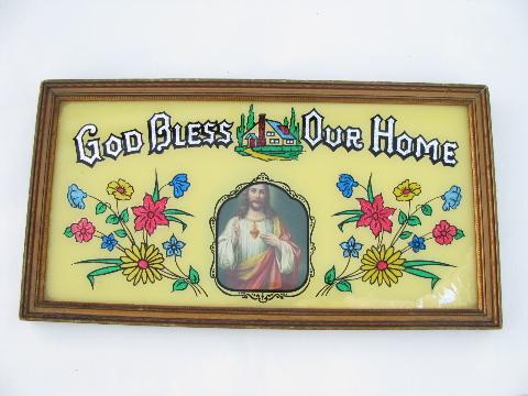 God Bless Our Home, vintage painted glass motto w/ old religous picture