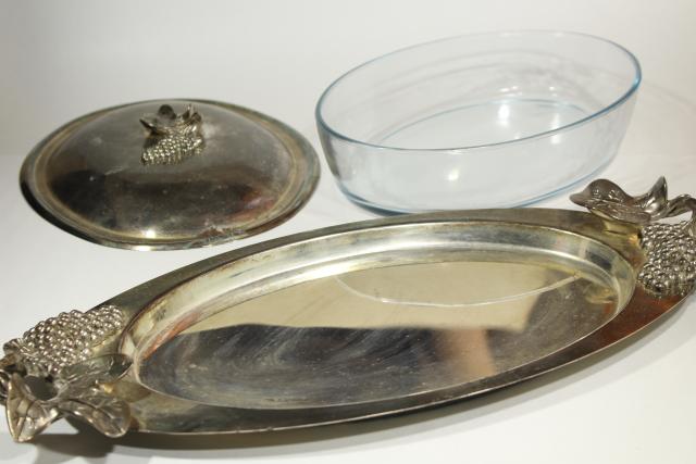 Godinger grapes pattern silver plate tray & oval glass 3 qt casserole dish