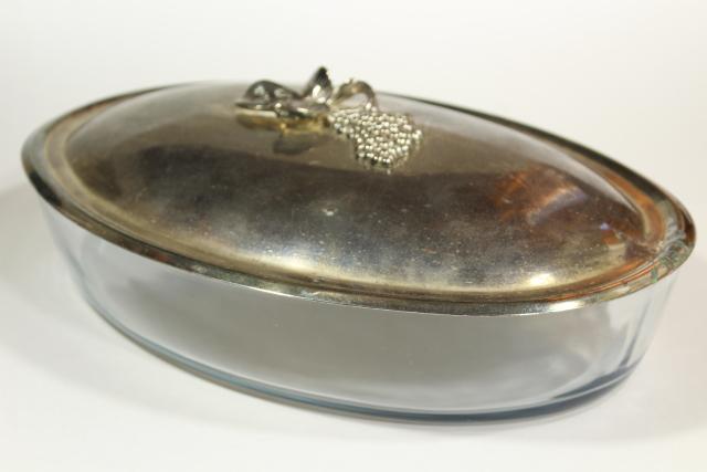 Godinger grapes pattern silver plate tray & oval glass 3 qt casserole dish