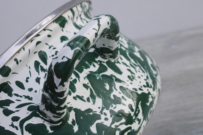 Golden Rabbit splatterware enamel steel dutch oven pot w/ lid, vintage style green white swirl