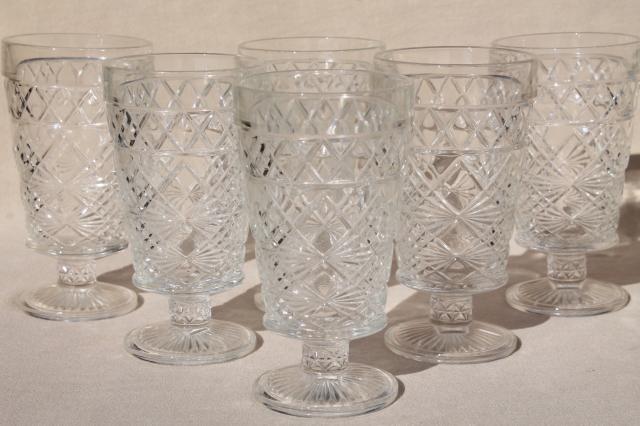 Gothic pattern glass peanut butter glasses, 50s vintage Hazel Atlas footed tumblers