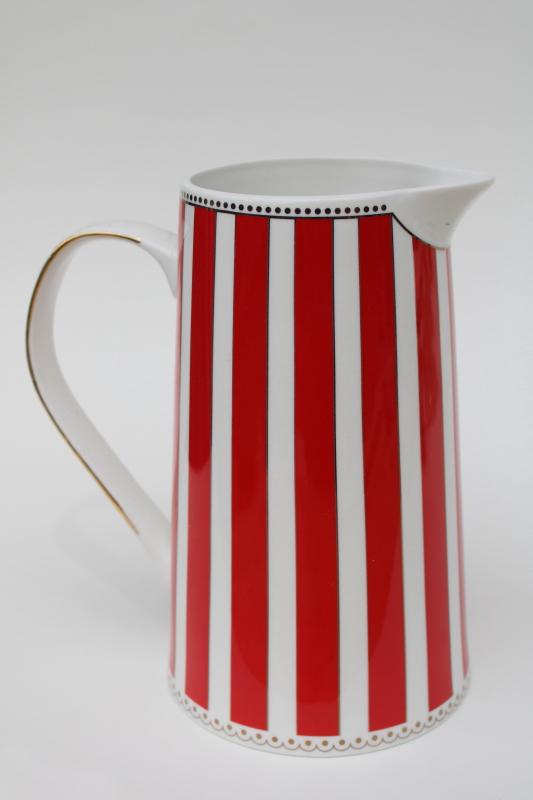 Grace fine porcelain pitcher, red & white striped china holiday decor
